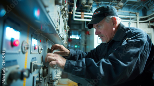 Amid the steady hum of the ships electrical systems the chief engineer troubleshoots any issues that may arise utilizing his expert knowledge to keep the power flowing smoothly.