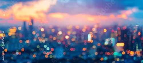 Blurred cityscape in spring seen through a camera lens