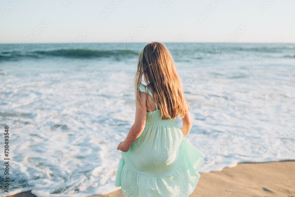 girl in a blue dress standing in the water waves at the beach with her back to the camera girl in a blue dress standing in the water waves at the beach with her back to the camera