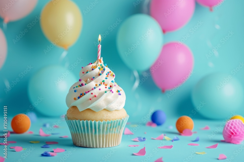 Cupcake with white cream and lit candle, surrounded by balloons and confetti Cupcake with white cream and lit candle, surrounded by balloons and confetti