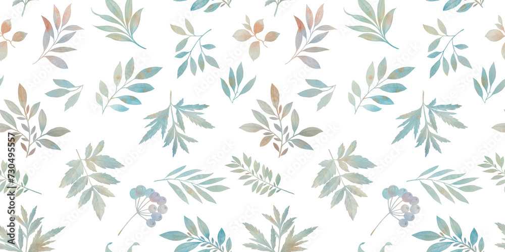 Watercolor seamless pattern, delicate leaves, branches, berries. Delicate watercolor illustration on a white background. Basis for design - fabric, textiles, wallpaper, wrapping paper, scrapbooking Watercolor seamless pattern, delicate leaves, branches, berries. Delicate watercolor illustration on a white background. Basis for design - fabric, textiles, wallpaper, wrapping paper, scrapbooking