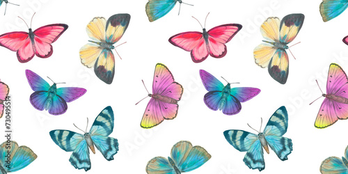 seamless botanical pattern, watercolor butterflies on a white background