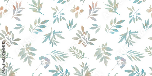 Watercolor seamless pattern  delicate leaves  branches  berries. Delicate watercolor illustration on a white background. Basis for design - fabric  textiles  wallpaper  wrapping paper  scrapbooking