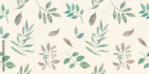 seamless botanical pattern, watercolor leaves and branches, illustration of graceful twigs, abstract art background for design photo