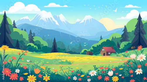 Spring landscape banner.countryside green meadow with small barn ,trees and mountains background.vector illustration.