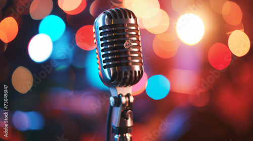 Closeup of retro microphone on stage with a bokeh...