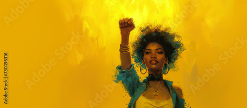 Fist of a young african american woman. Demonstration, revolution, Yellow Copy Space . Black lives matter. Stop abuse, discrimination, violence concept. Black women's history month photo