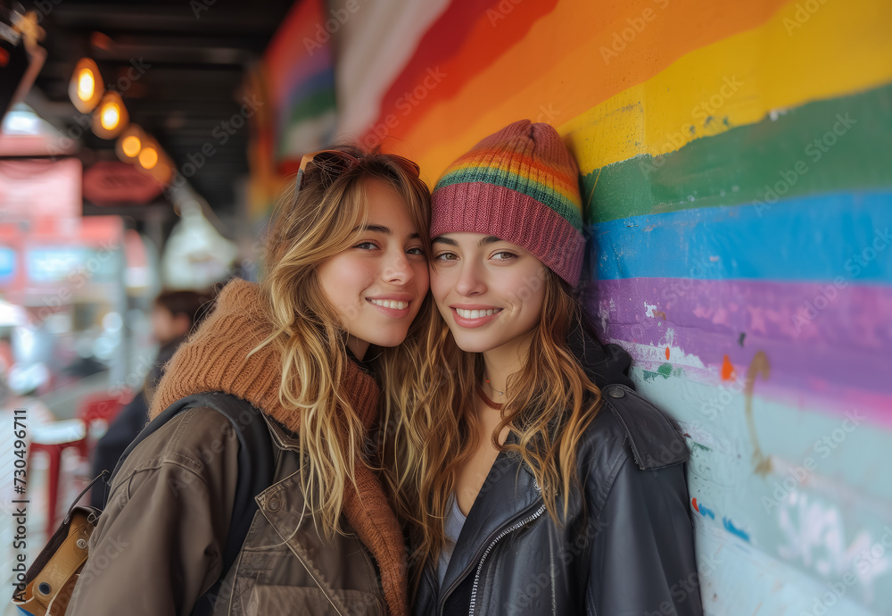 Portrait of two smiling lesbian girls in front of a wall with a gay pride flag painted on it Portrait of two smiling lesbian girls in front of a wall with a gay pride flag painted on it