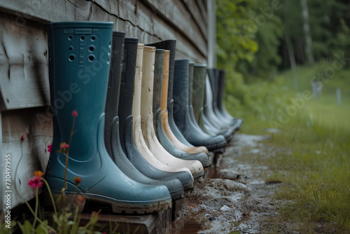 A row of family rubber boots, neatly aligned after a day's work in the field, symbolizing shared labor and togetherness.