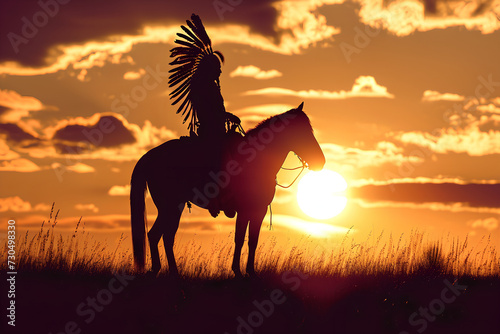 The silhouette of an Indian chief on horseback against a backdrop of a sunset landscape, evoking the wild west concept.