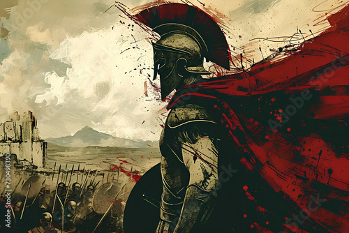 An illustration featuring a Spartan soldier wearing a helmet, set against a battlefield background, capturing the essence of ancient warfare and courage. 