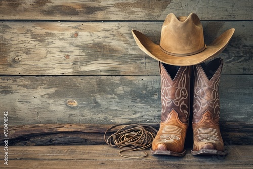 American West cowboy attire on wooden texture backdrop for text