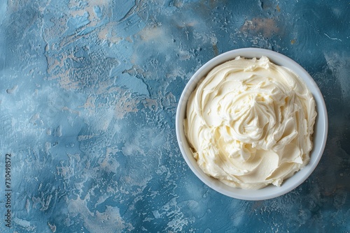 Italian dessert tiramisu with mascarpone cheese cream cheese or ricotta in a white ceramic bowl from a top view Creamy texture on a blue concrete ba photo