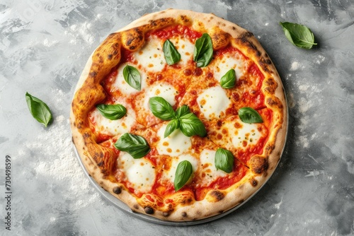 View of Italian Margherita pizza on a grey concrete table with cheese sauce and basil