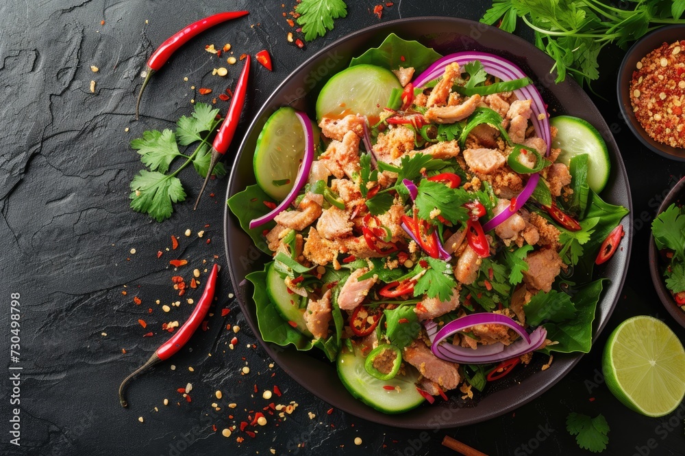 Northeast Style Spicy Salad with Fried Pork Onion Stink Weed Ground Rice Chili and Thai Herbs topped with Carved Cucumber Lime and Coriander Northeast Style Spicy Salad with Fried Pork Onion Stink Weed Ground Rice Chili and Thai Herbs topped with Carved Cucumber Lime and Coriander