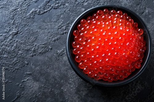 Red caviar in black bowl viewed from above on dark background looks appetizing