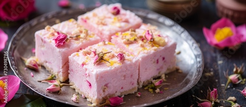 Flavored rose milk cake dessert known as Kalakand is also called pink barfi or burfi. photo