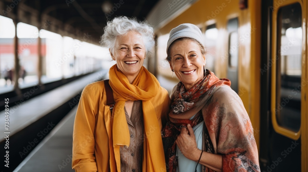 Women on the train station, close senior friends