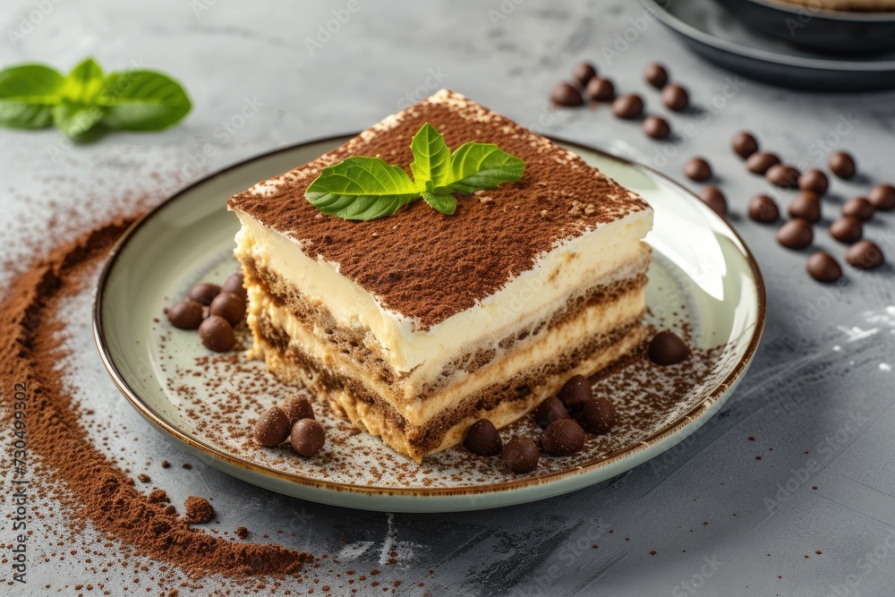 Classic tiramisu on ceramic plate on concrete backdrop Classic tiramisu on ceramic plate on concrete backdrop