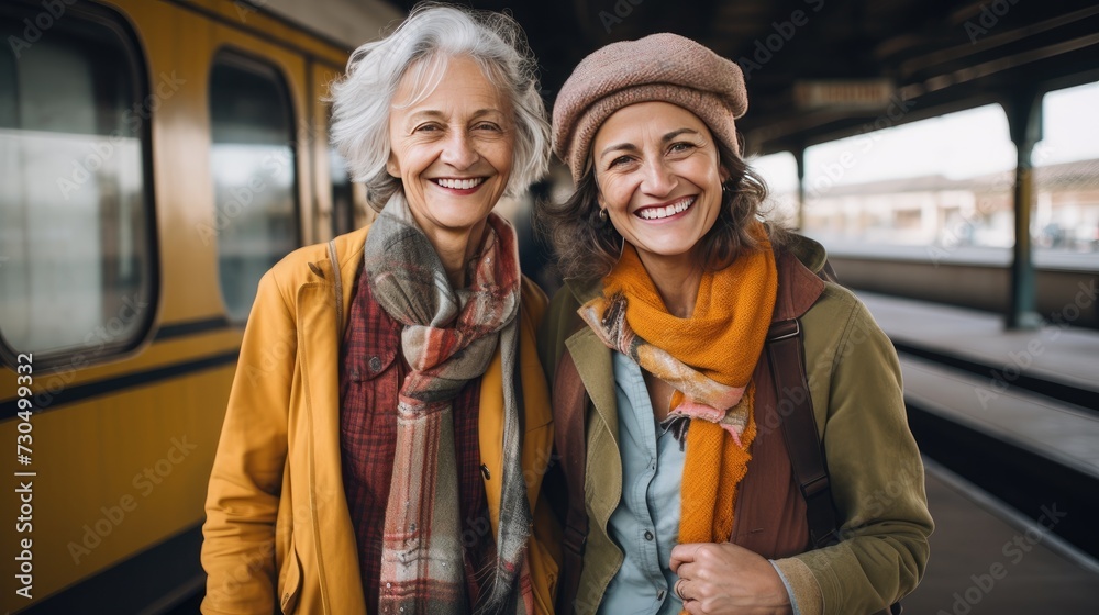 Women on the train station, close senior friends