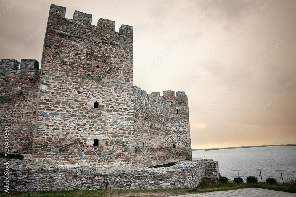 Panorama of the Ram fortress during a cloudy dusk sunset in winter. Also called Ramska Tvrdjava, it's a medieval ottoman castle overlooking the danube in Serbia.
