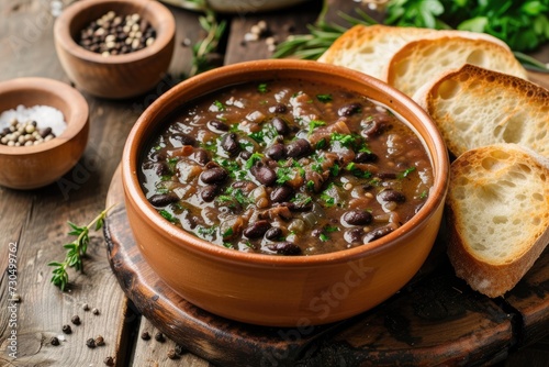 Black bean soup with bread and seasoning on a wooden table