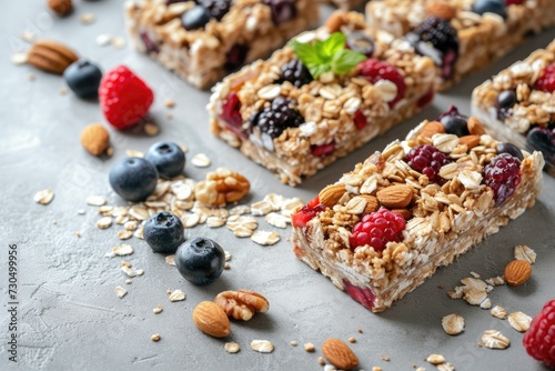 Multiple granola bars on a table with a background Cereal granola bars Superfood breakfast bars made with oats nuts and berries close up Depicting the concept of