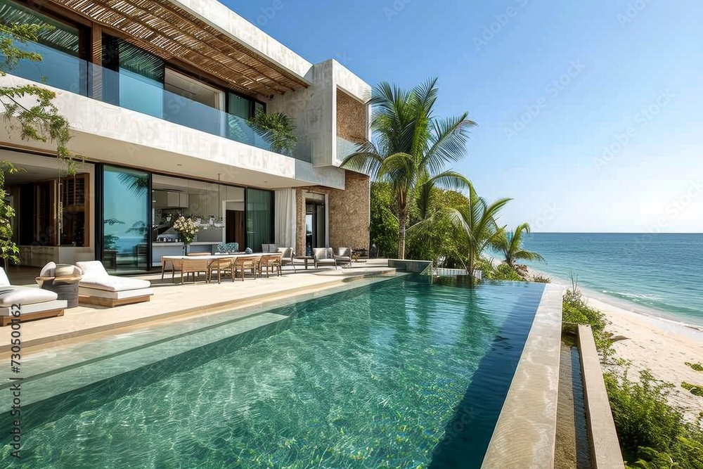 Fototapeta premium Luxury beach house with infinity pool and sea view.