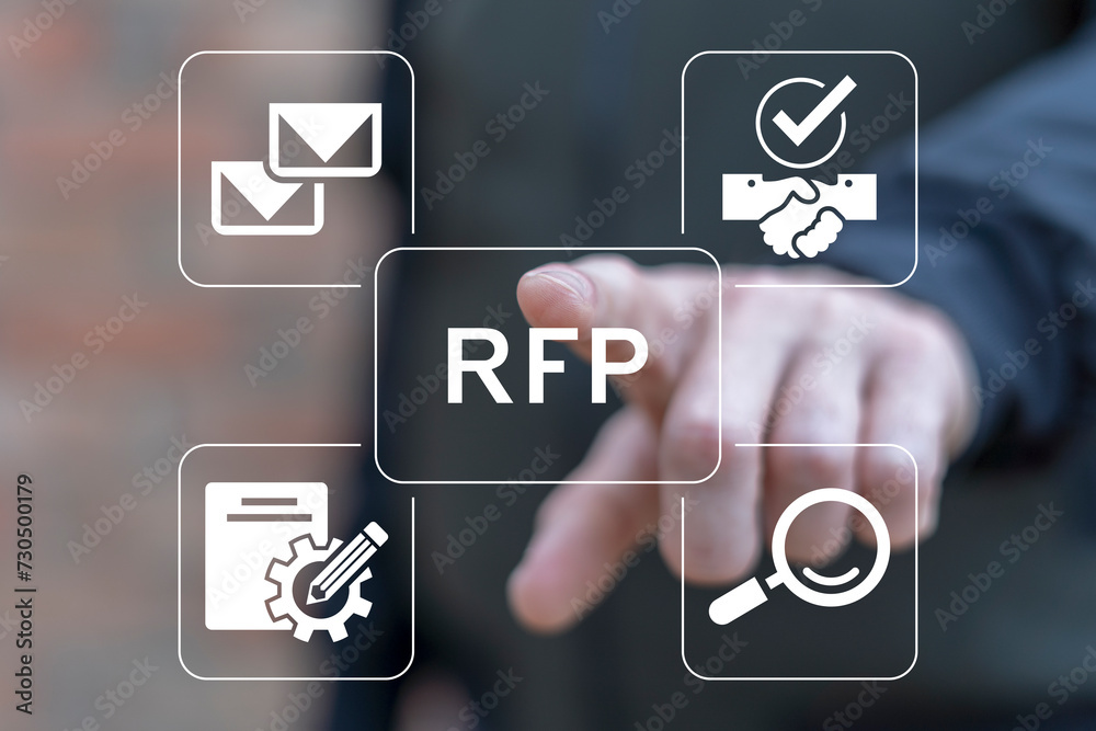 Man using virtual touch interface presses abbreviation: RFP. Request For Proposal ( RFP ) Business Finance Education Concept.