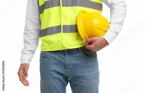 Engineer with hard hat on white background, closeup