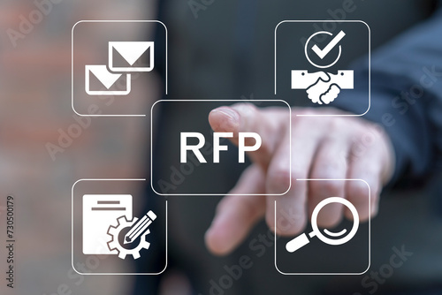 Obraz na płótnie Man using virtual touch interface presses abbreviation: RFP. Request For Proposal ( RFP ) Business Finance Education Concept. w salonie