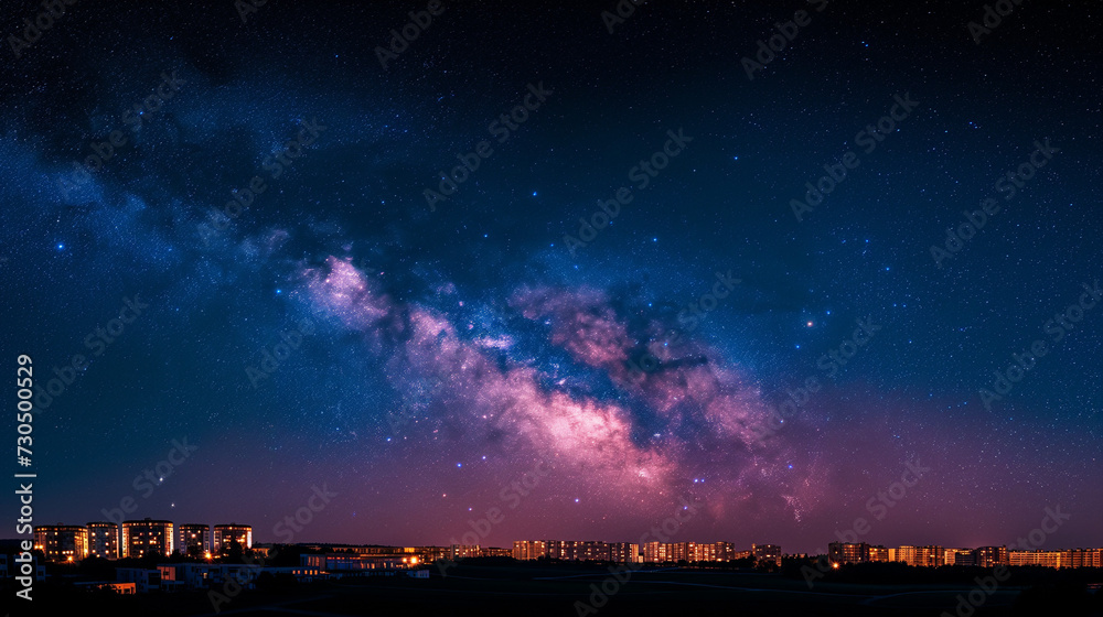 Stunning view of the sky on a starry night, with a sky filled with sparkling stars and galaxies visible in the distance, a calm urban setting, Ai generated Images