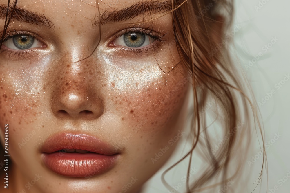 Portrait of a naturally made up model with a fashionable shimmer on skin and glossy makeup on lips Portrait of a naturally made up model with a fashionable shimmer on skin and glossy makeup on lips