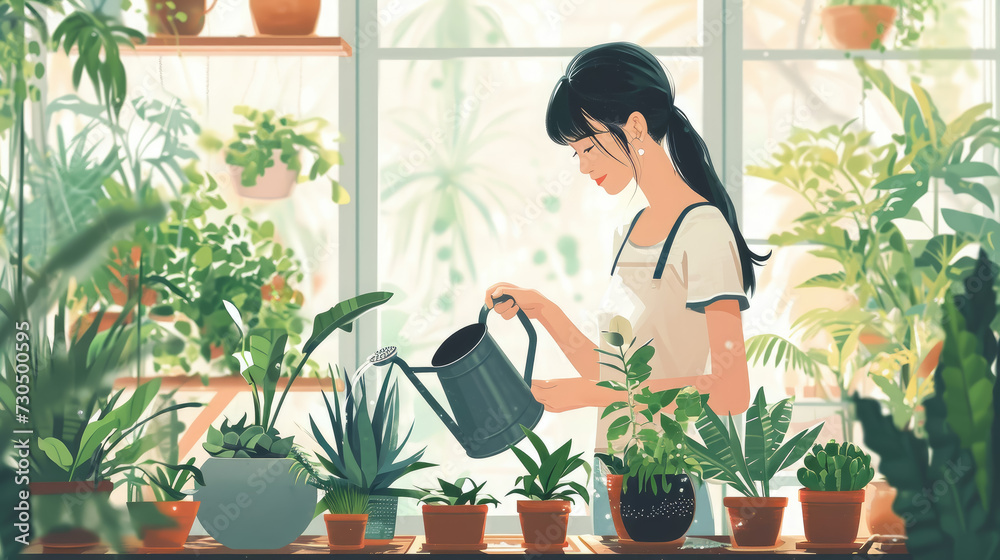 girl watering house plants from a watering can, woman gardener in a greenhouse, flowers, nature, greens, hobby, gardening, lifestyle, foliage, sprouts, pot, water, people, equipment, illustration