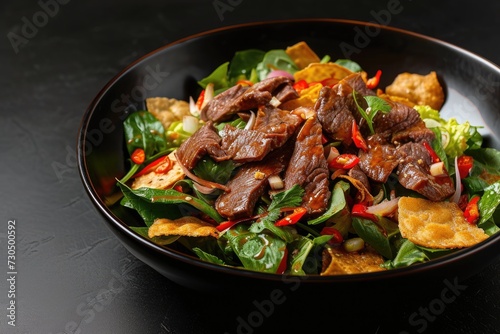 Side view of Asian beef salad with rice chips presented on a black background alongside pennywort leaves