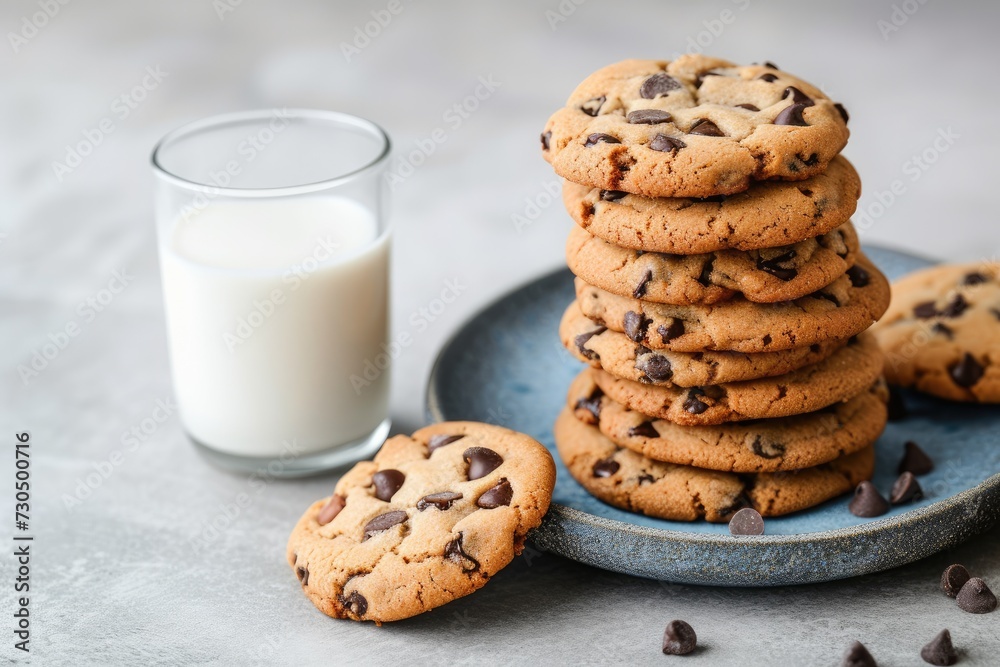 Selective focus on blue stone plate with stack of chocolate chip cookies glass of milk on light gray background Selective focus on blue stone plate with stack of chocolate chip cookies glass of milk on light gray background