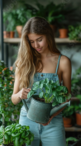 girl watering house plants from a watering can, woman gardener in a greenhouse, flowers, nature, greens, hobby, gardening, lifestyle, foliage, sprouts, pot, water, people, equipment