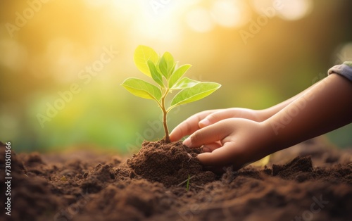 With innocence and reverence, youngsters embrace a fledgling seedling amidst vibrant nature, under the warm embrace of sunlight, portraying the essence of Earth-friendly living