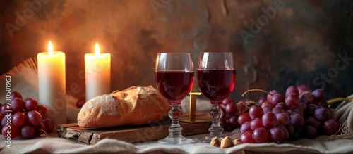 Symbolic elements of Holy Communion include Last Supper Wine and bread, the cross of suffering, candles, and the Bible, representing the sacred body and blood of Jesus Christ.