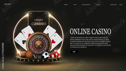 A smartphone with roulette, chips, dice, soccer balls, basketball and poker cards on a podium with a neon frame. A concept for casinos and sports betting.