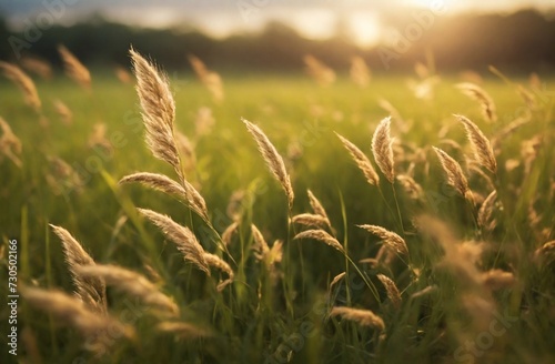 Paisaje, close up  de hierba o pasto alto silvestre bañado por la luz del sol. photo