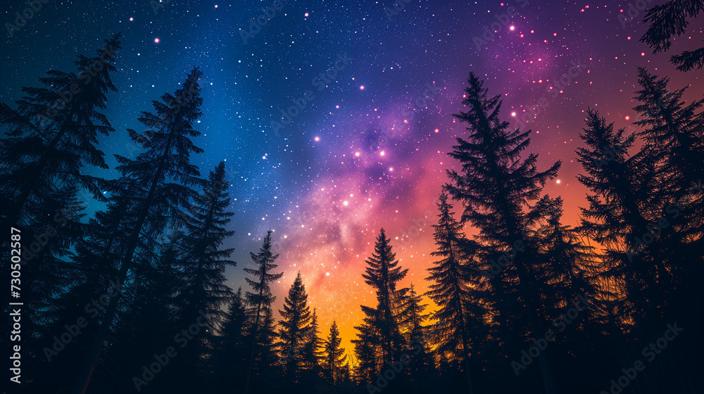 The night sky is colored by the dazzling brilliance of the aurora, with colors that fill the sky and create silhouettes of the trees below, Ai generated Images