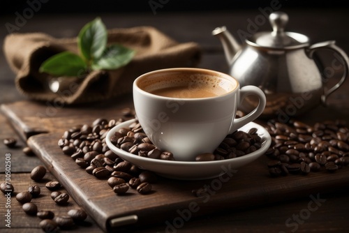 A white cup of freshly brewed coffee, surrounded by dark coffee beans, sits on a rustic wooden board. A cloth and a silver coffee pot complement the serene scene