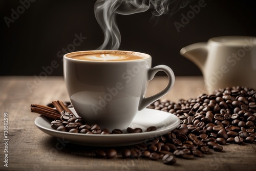 A white cup of freshly brewed coffee  surrounded by dark coffee beans  sits on a rustic wooden board.