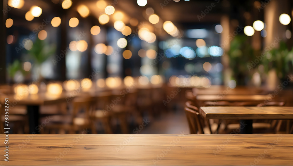Empty wooden table top with bokeh lights in blur restaurant background. Empty wooden table top with bokeh lights in blur restaurant background.