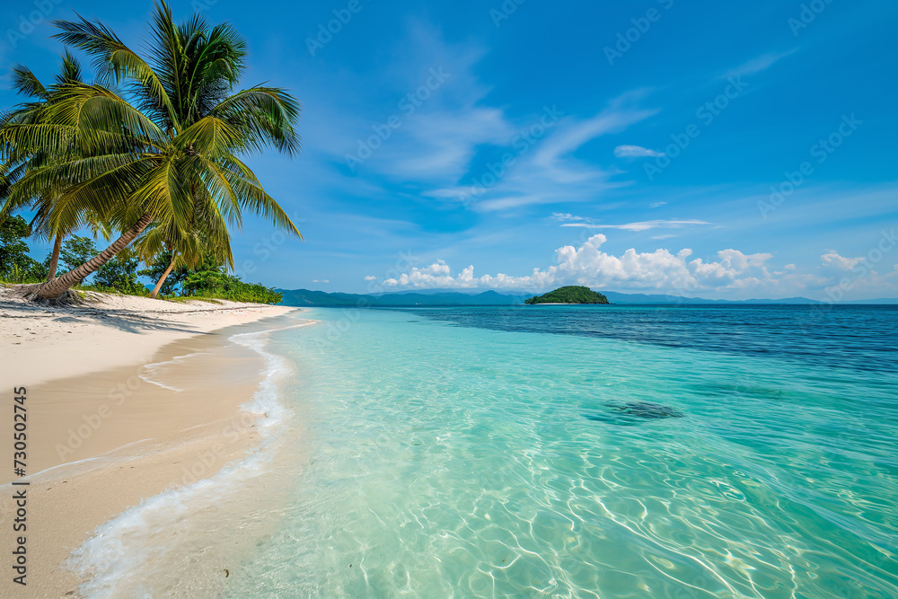 A beautiful view in the Maldives, sea, beach and palm trees