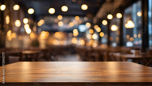 Empty wooden table top with bokeh lights in blur restaurant background.