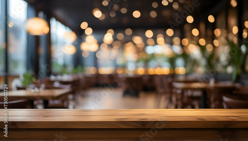 Empty wooden table top with bokeh lights in blur restaurant background. photo
