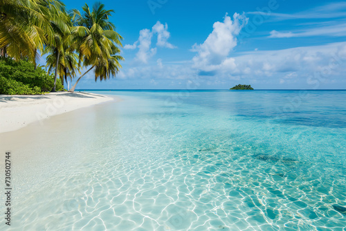 A beautiful view in the Maldives, sea, beach and palm trees