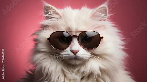 White Fluffy Cat in Sunglasses on a Pink Background